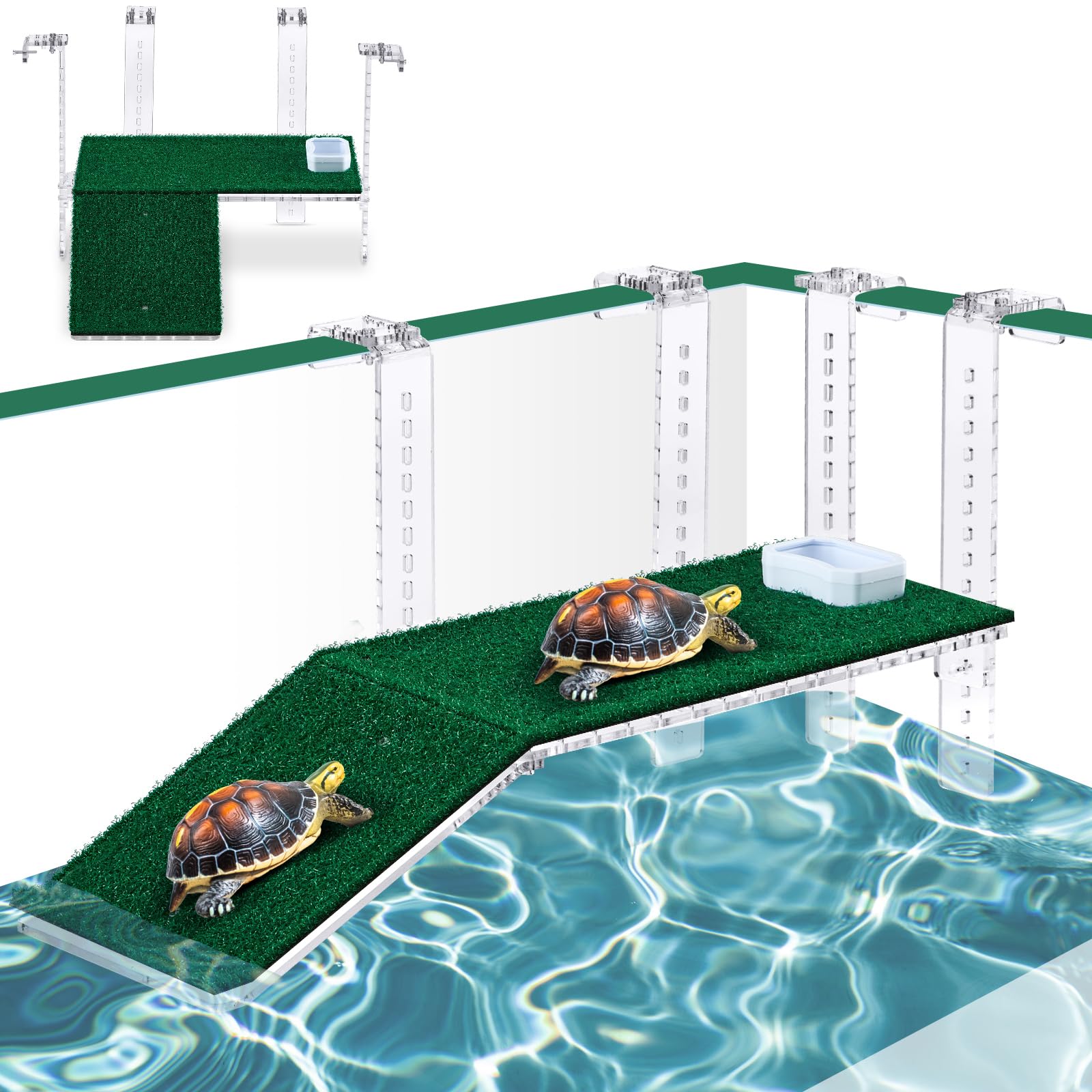 Photo 1 of Reallnaive Adjustable Hanging Turtle Basking Platform with Artificial Grass 15 x 8.1 Inch Sturdy Acrylic Aquatic Reptile Ramp Dock Fits 0.3"-2" Thick Tank Salamander Frog Turtle Tank Accessories