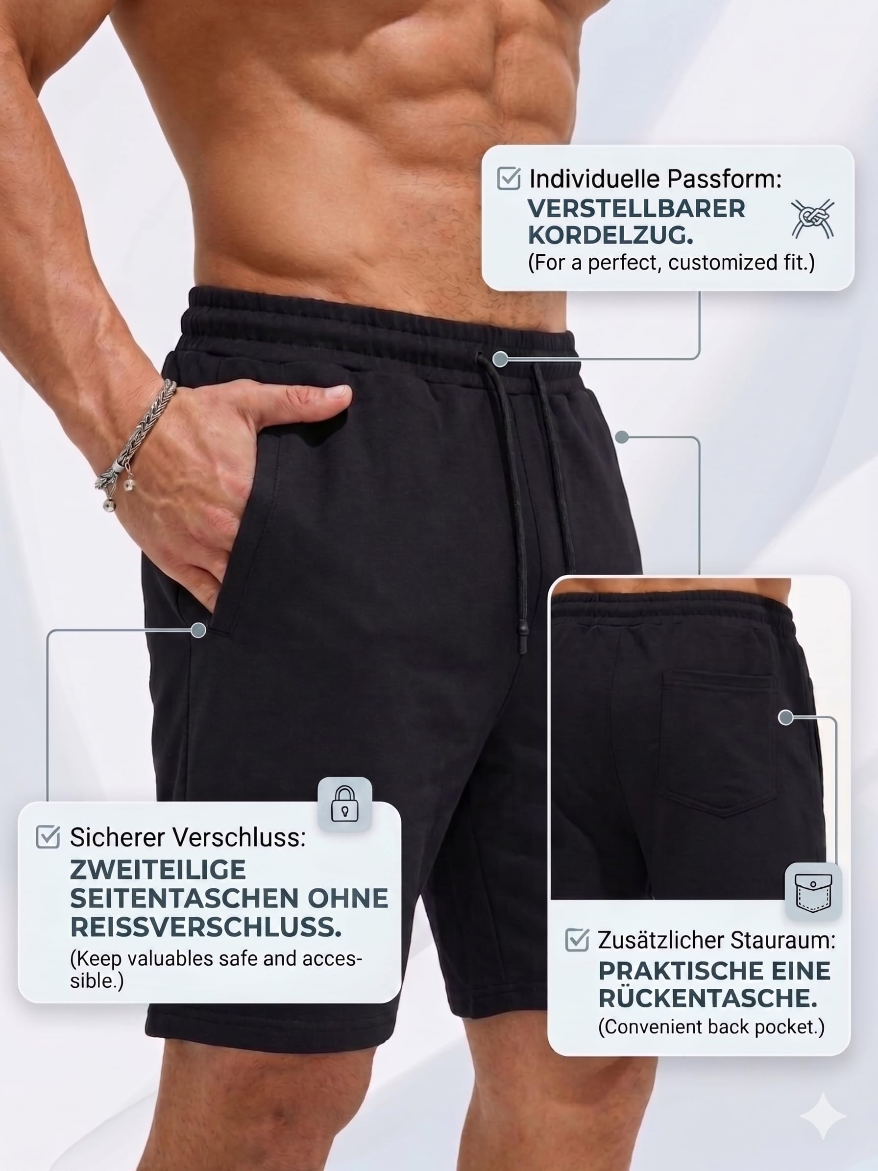 COMEOR Shorts Herren mit Reißverschluss - Baumwolle Kurze Hosen, Sporthose Kurz Männer Bermuda Jogginghose, Laufshorts Sommer Trainingshose (Dunkelgrau, XXL) 4