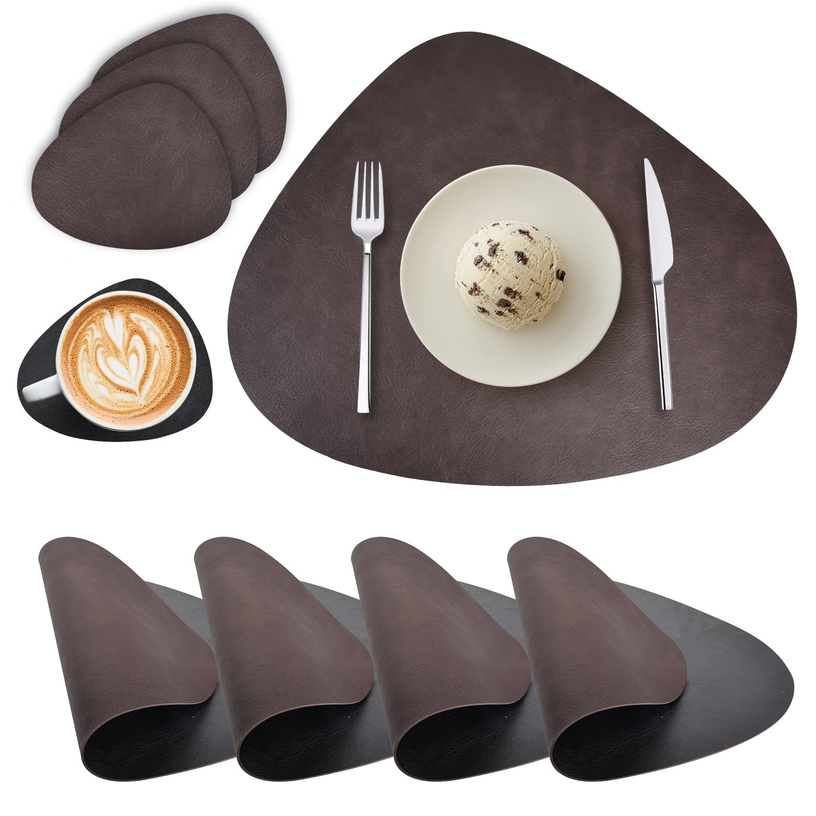 Placemats and Coasters Sets of 4, Round PU Leather Table Mats Dual-Sided Place Mats Heat-Resistant Washable Non-Slip Table Placemats for Kitchen Restaurant Outdoor (Dark Brown Black)