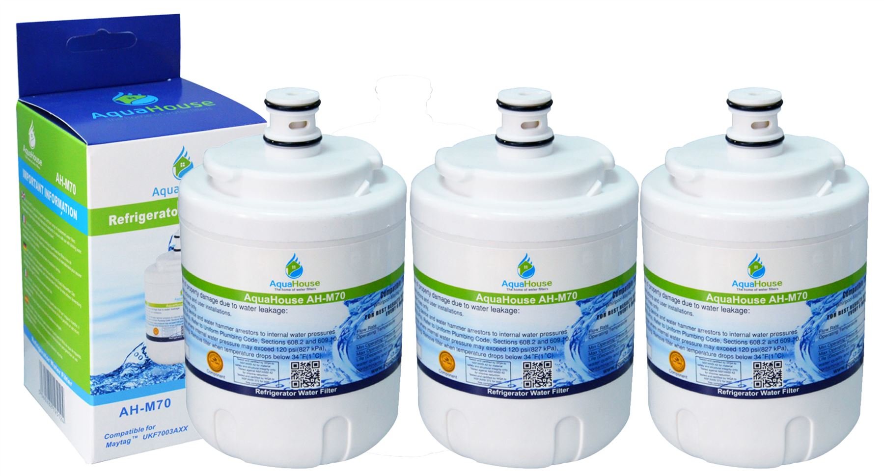 AquaHouse AH-M70 Refrigerator Water Filter Compatible with Maytag UKF7003, Amana, Jenn-Air, Smeg FRSA (3 Pack)