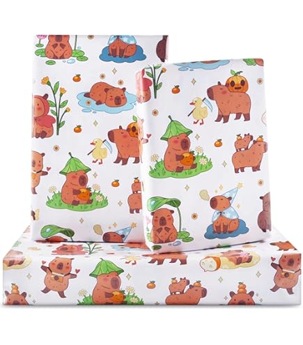 Capybara Papier Cadeau D'anniversaire Pour Enfants, Filles, Garçons, Joli Papier Cadeau Capybaras Pour Anniversaire Ou Fête Prénatale, 4 Feuilles Pliées à Plat 50,8 X 71,1 Cm Par Feuille