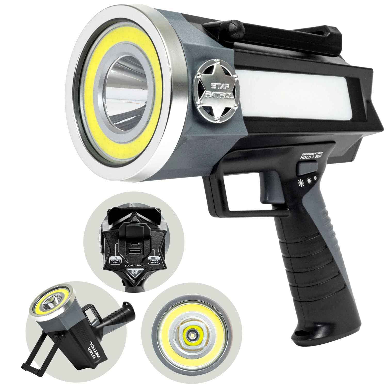 Photo 1 of ****NONFUNCTIONAL FOR PARTS ONLY******
Star Patrol Platinum Mega-Bright Rechargeable Spotlight, AS SEEN ON TV, Tactical Flashlight, 10 Modes, Turbo Boost Up to 100%, Built-in Kickstand & Phone Charger, for Camping,Emergencies, 9 in, Black