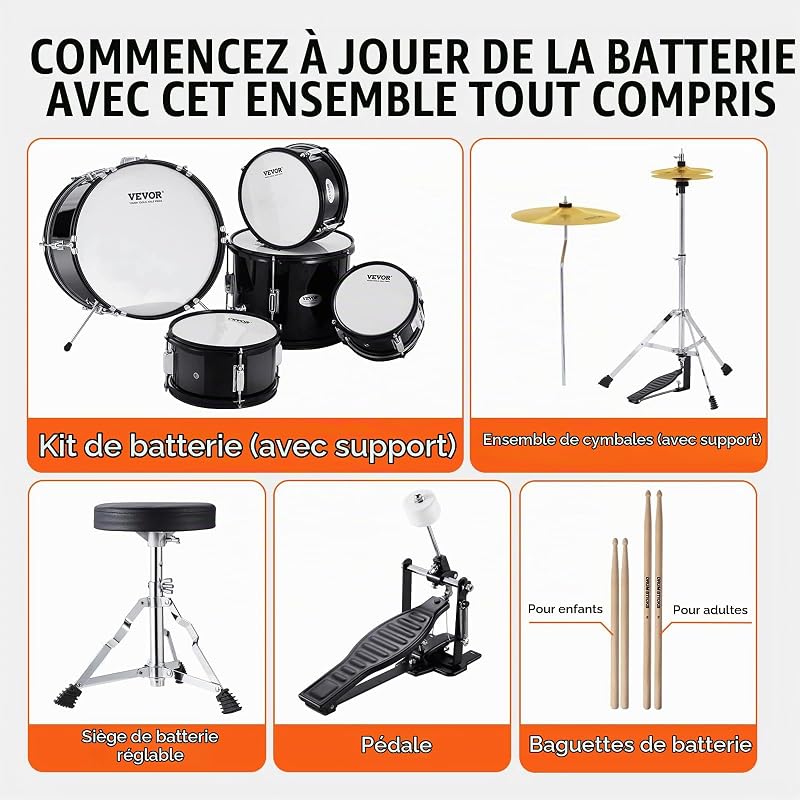 Kit de Batterie pour Enfants, 406 mm, Batterie complète pour débutants, 5PCS, avec Toms Basses, Caisse Claire, siège, cymbales Charleston, 2 Paires de Baguettes, Instruments de Musique, Noir