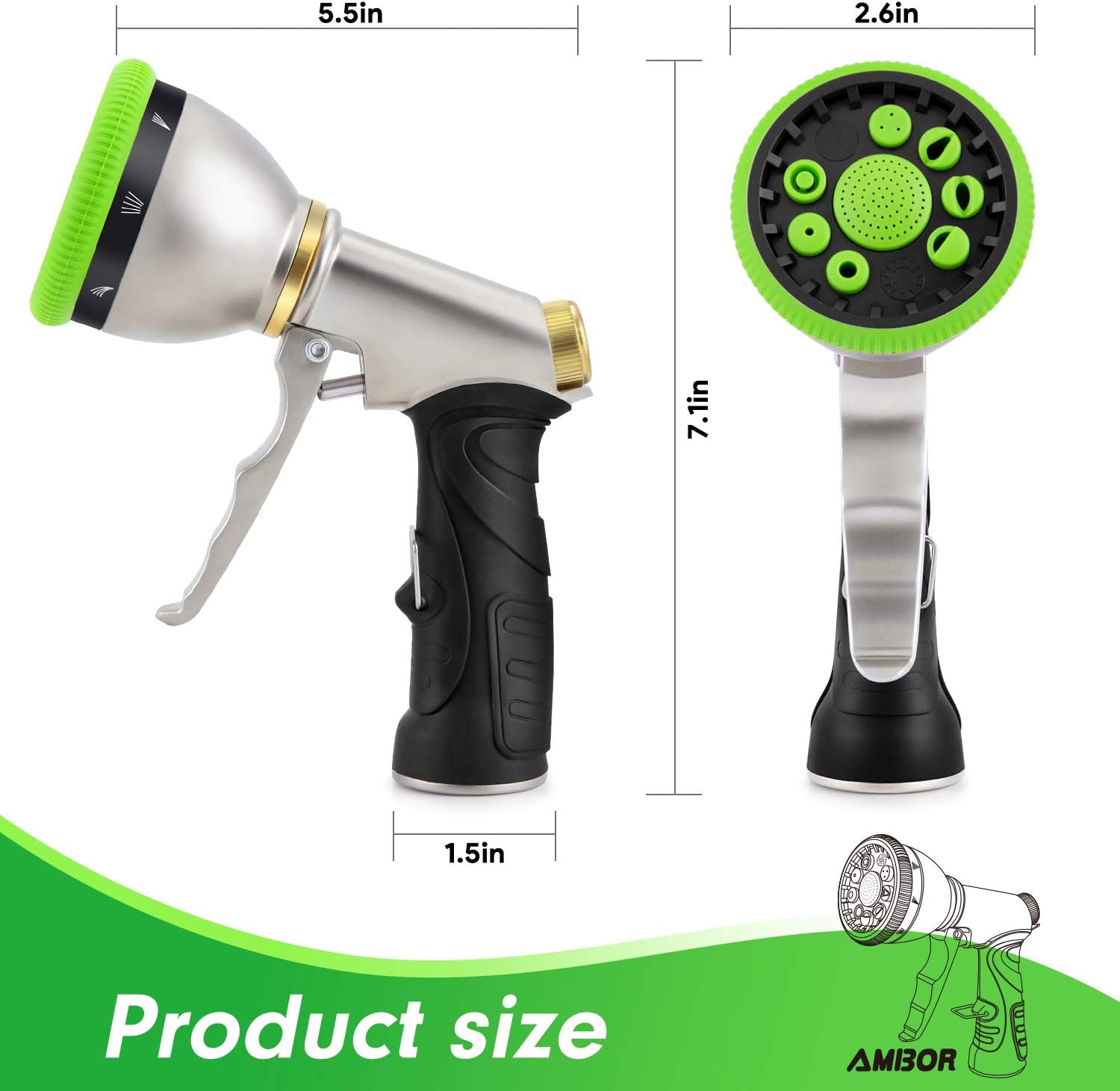 AMBOR Water Hose Nozzle Spray Nozzle, Heavy Duty Metal Garden Hose Nozzle High Pressure Nozzle with 9 Adjustable Patterns, Perfect for Watering Plants, Washing Cars and Showering Pets : Garden & Outdoor