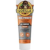Gorilla Max Strength Construction Adhesive, Clear, 7 oz Tube, 1-Pack | Waterproof Gap-Filling Formula, Bonds Wood, Metal, Tile, Stone, Glass, Mirror, Indoor &amp; Outdoor Use, Paintable &amp; Sandable