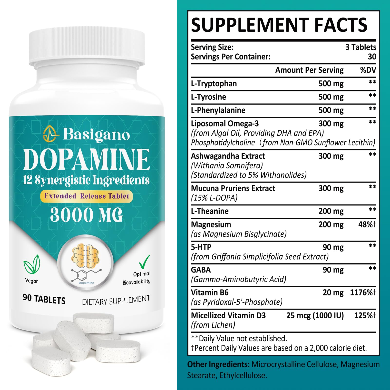Natural Dopamine Supplement for Energy, Focus, Motivation, Mental Alertness, Mood, and Stress - Non-GMO, Gluten-Free - 90 Tablets