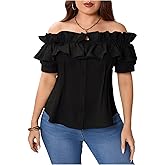 MakeMeChic Women's Plus Size Blouse Off The Shoulder Short Sleeve Ruffle Button Down Shirt