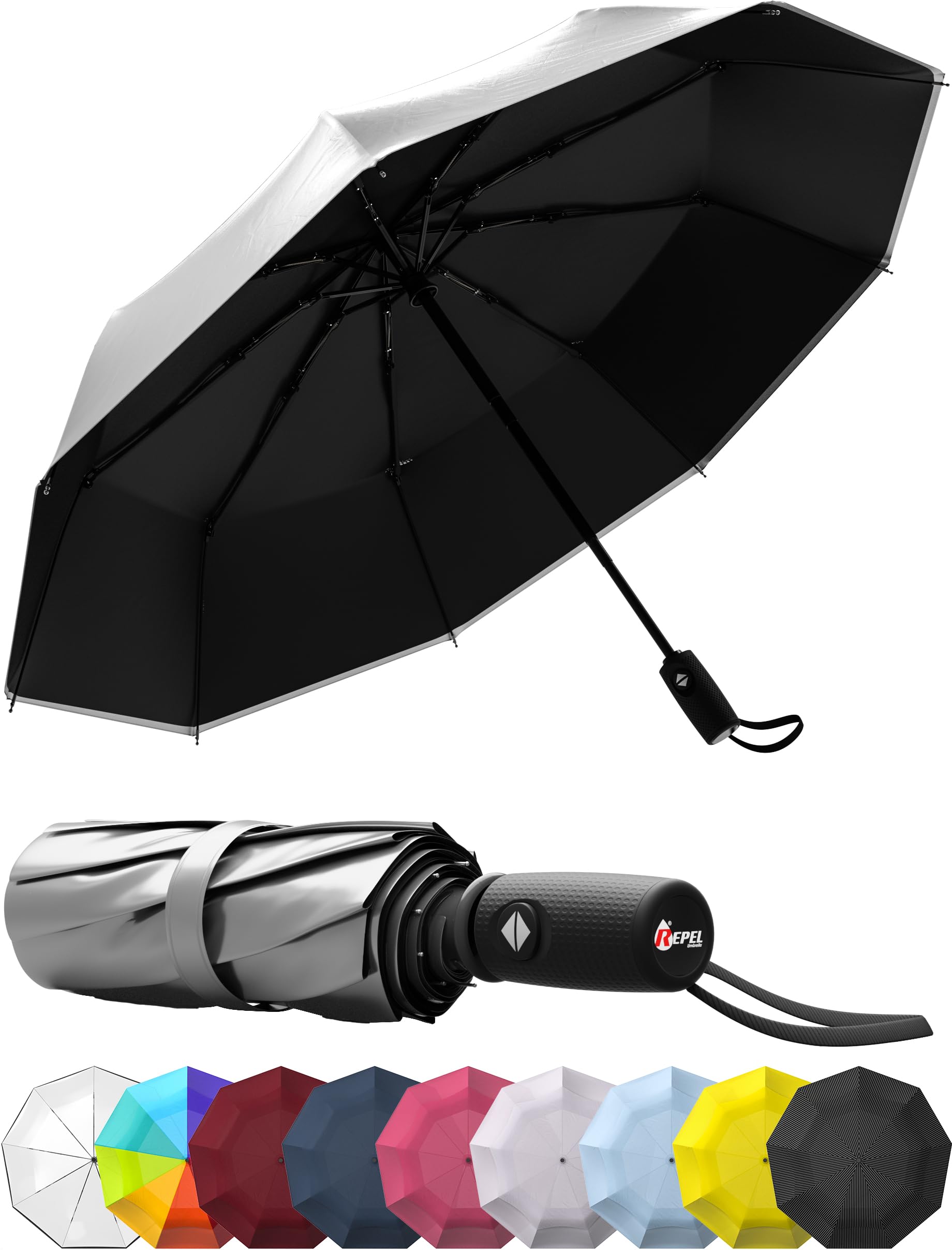 Repel Umbrella - Windproof Travel Umbrellas for Rain - Engineered to Withstand 85MPH Winds, 1lb - Lightweight, Durable, Compact, Waterproof, Auto Open Close, Fiberglass Frame