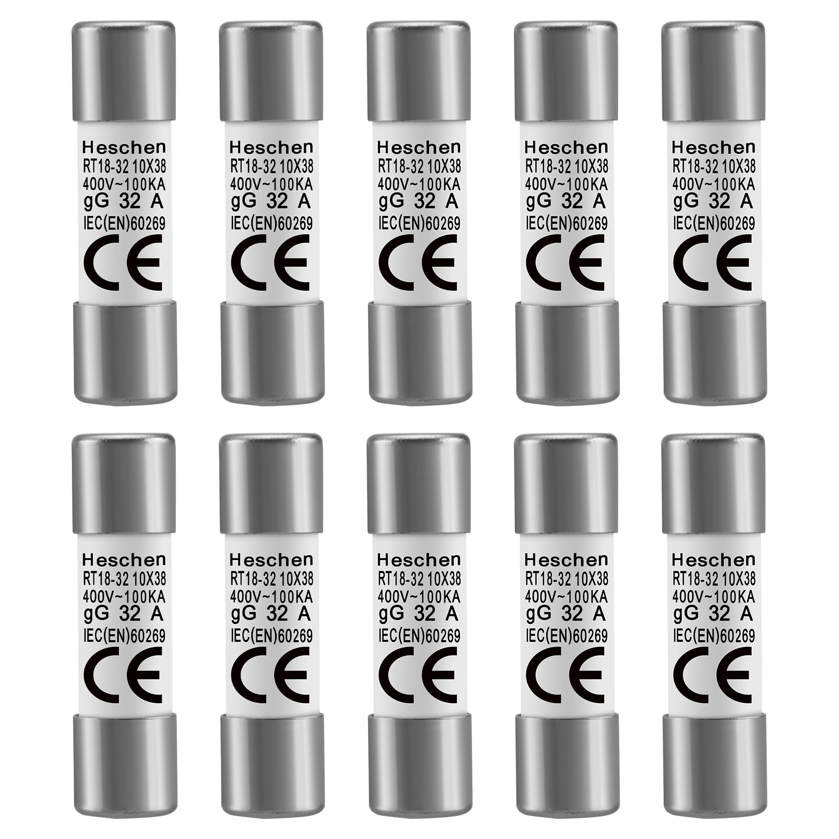 Heschen 32A 400V Ceramic Fuse Link, RT18-32 (RO15), 10 X 38mm, CE, Pack of 10