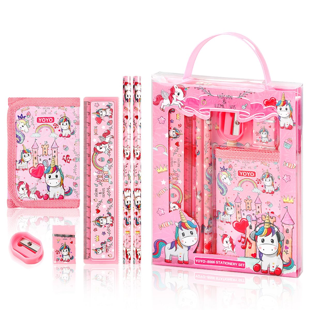 Unicorn Stationery Gift Set for Boys and Girls - Includes Purse, 2 Pencils, 15cm Ruler, Eraser and Sharpener - Perfect for School and Art Projects