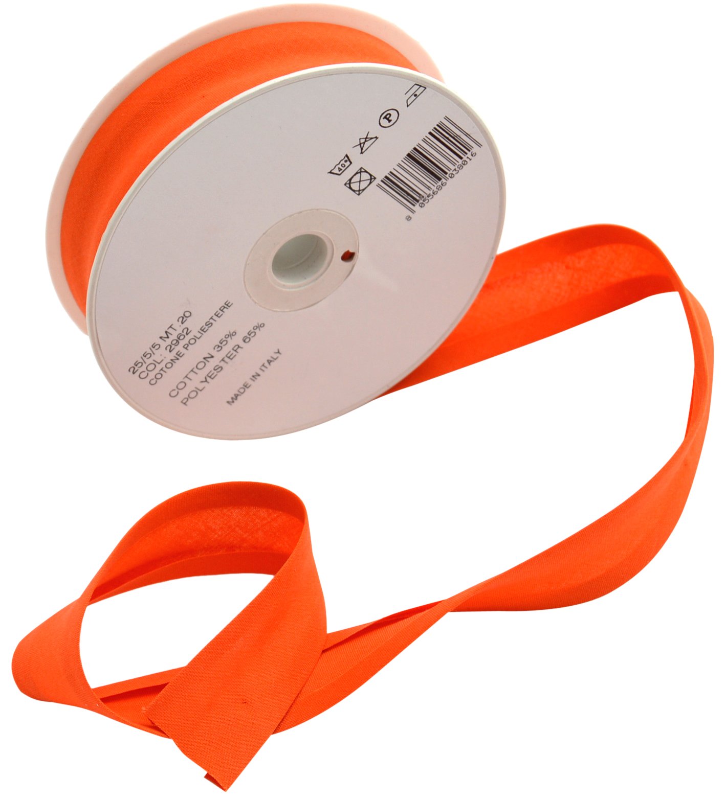 Inastri 25/5/5 mm Bias Binding-Col. 2962-ORANGE-20m Roll, polycotton, Orange
