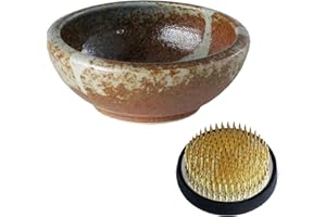 Wazakura Minoyaki Series Japanese Ikebana Essential Tool Kit - Small Round Ceramic Flower Vase and Kenzan Pin Frog for Floral Arranging (White Stripe and Terracotta Vase + 2in (61mm) Brass Kenzan)