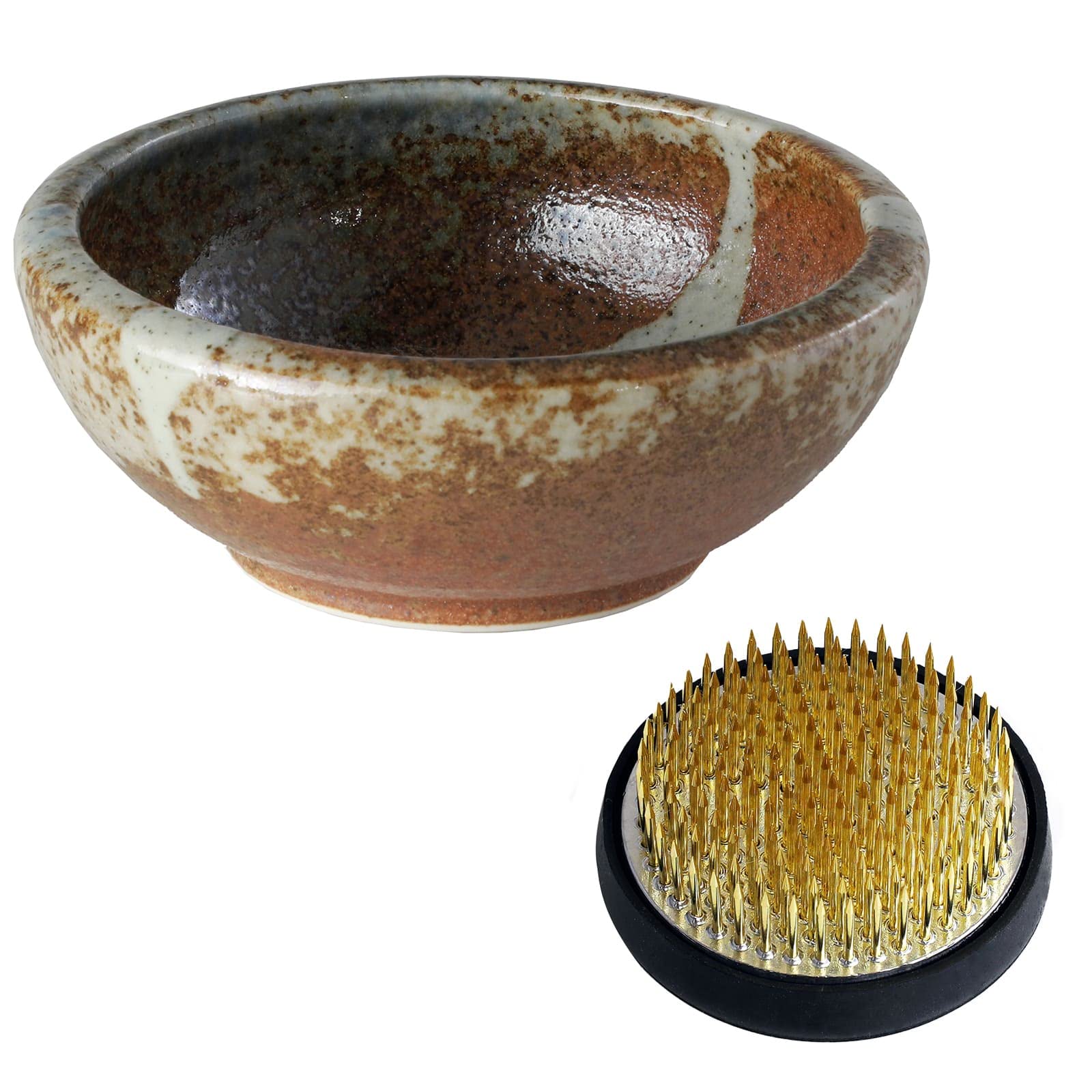 Wazakura Minoyaki Series Japanese Ikebana Essential Tool Kit - Small Round Ceramic Flower Vase and Kenzan Pin Frog for Floral Arranging (White Stripe and Terracotta Vase + 61mm Brass Kenzan)