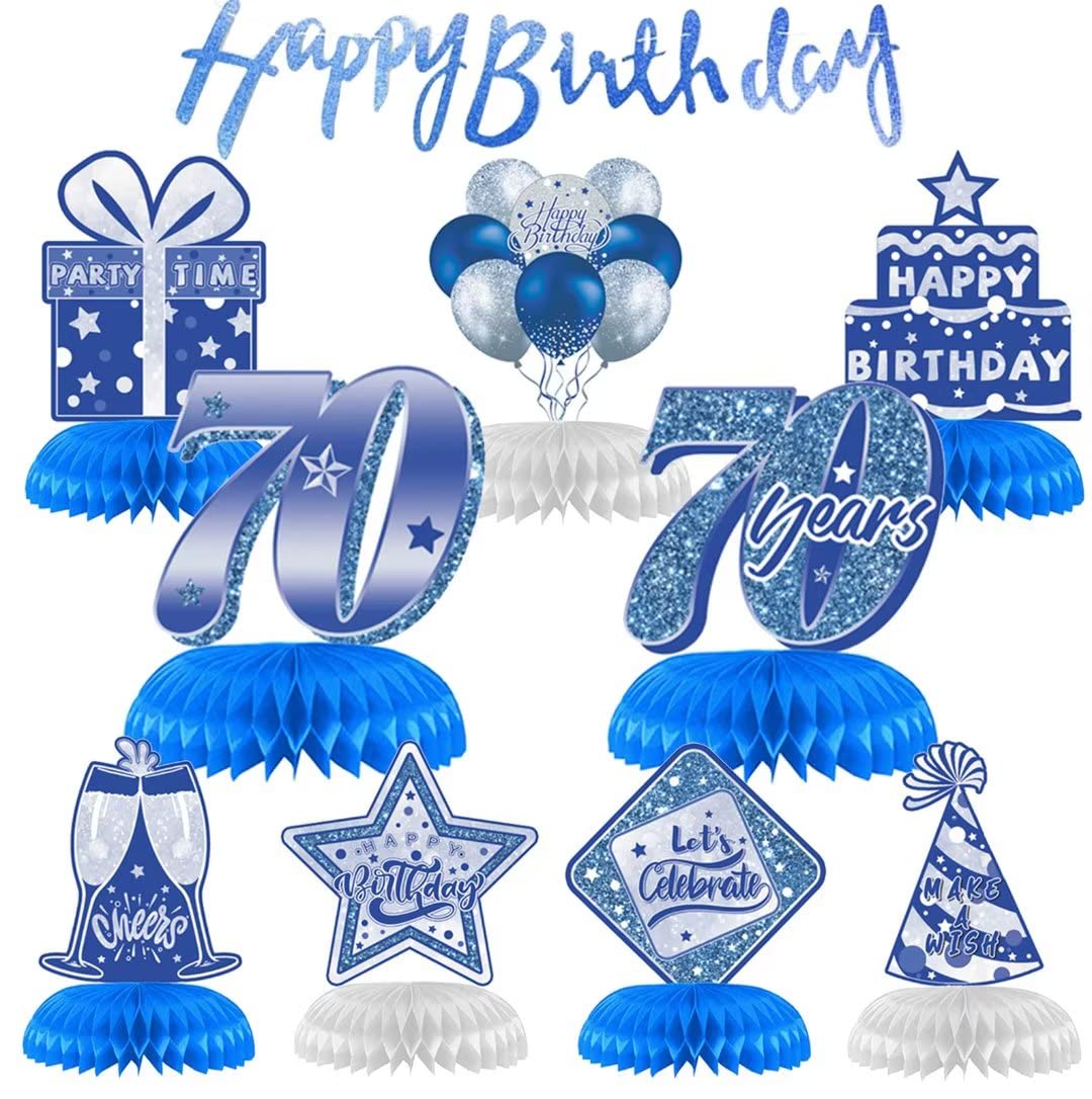 Blue Silver 70th Birthday Centerpieces - 10 Piece Set with Banner & Honeycomb Topper - Perfect for Men or Women's Birthday Parties