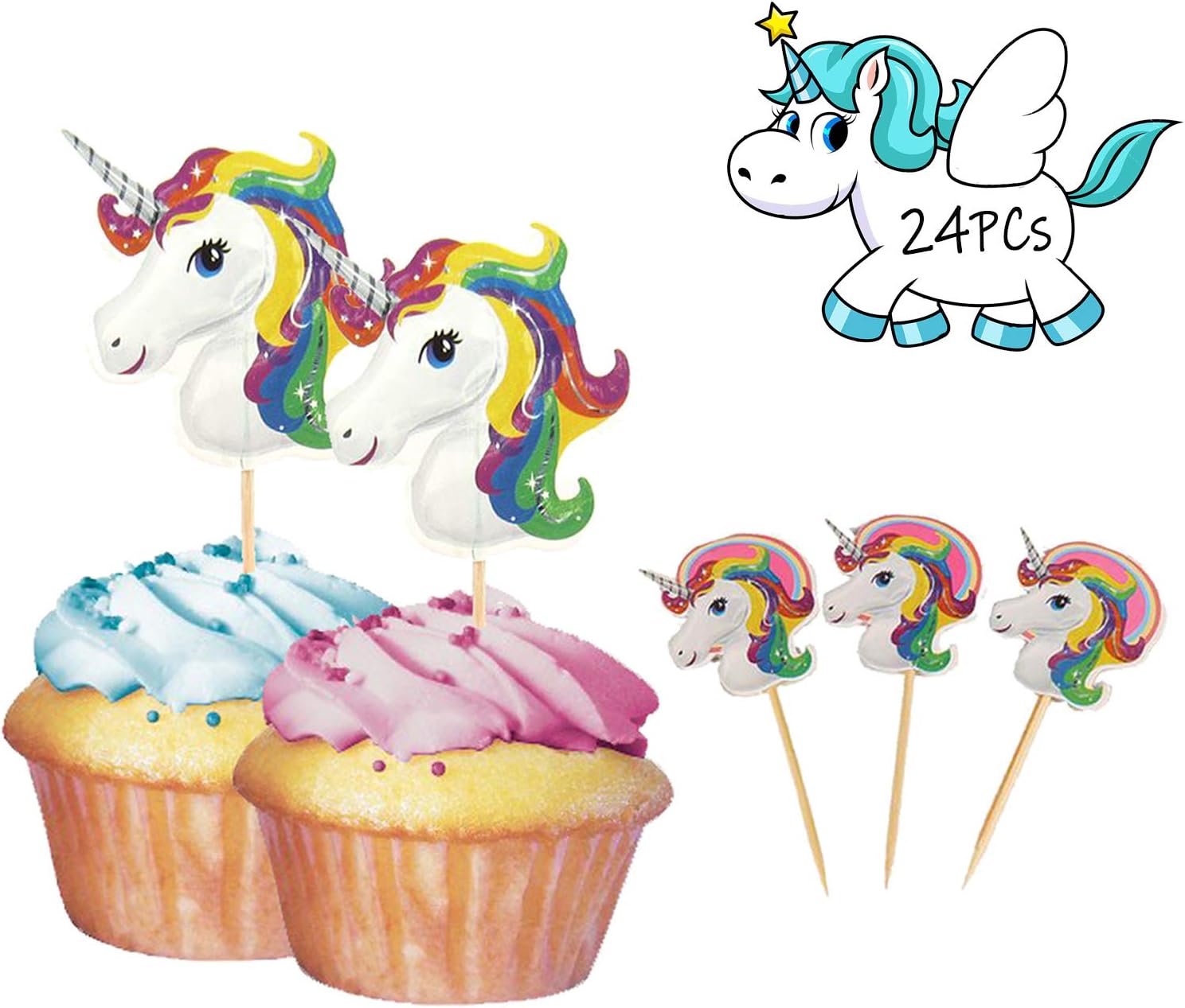 WIXDROD Unicorn Cupcake Topper-Cupcake Toppers-Double Sided Kids Party Cake Decorations-Birthday Party Decorations Wedding Party Supplies-24pcs/Pack (Style One)