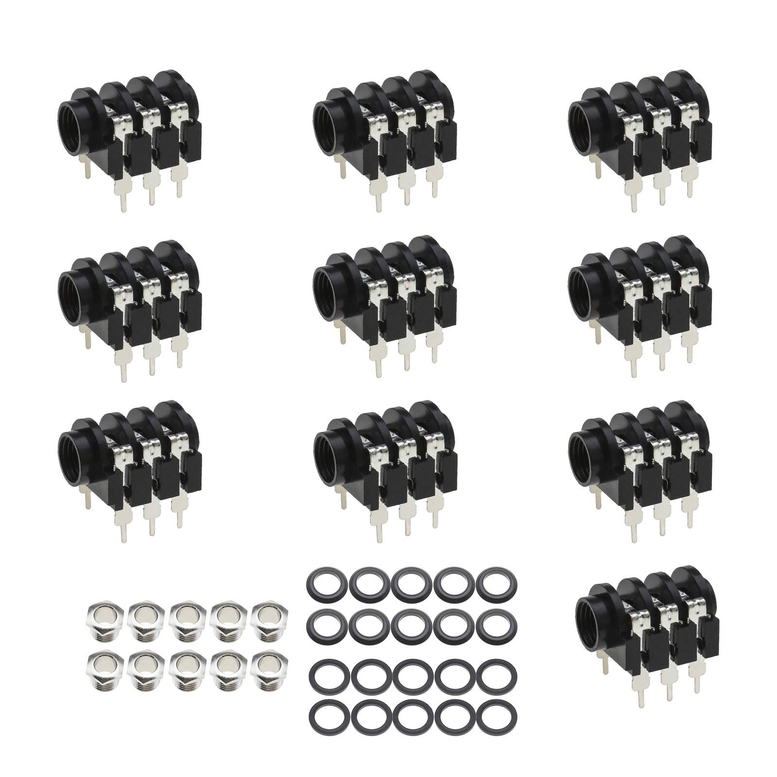 OTOTEC 10Pcs 6.35mm 1/4Inch Female Mono Stereo Headphone Audio Jack Socket Panel Mount 6-Pin Connectors with Mounting Nuts Washers Black