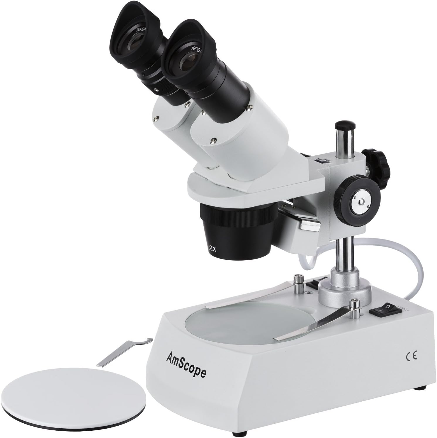 AmScope SE306R-P20 Forward-Mounted Binocular Stereo Microscope, WF20x Eyepieces, 40X and 80X Magnification, 2X and 4X Objectives, Upper and Lower Halogen Lighting, Reversible Black/White Stage Plate, Pillar Stand, 120V