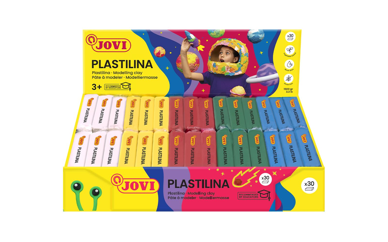 Jovi - Plasticine Box of 30 50 g Non-drying Modelling Clay Bars in 6 Basic Colours, Vegetable base, Non-toxic and Gluten Free