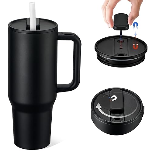 Pawtong 40oz Magnetic Lid Insulated Tumbler with Handle, 360° Rotating & Removable Cover, Leak-Proof Travel Mug with Soft Silicone Straw for Drivers, Commuters, Road Trips, Dishwasher Safe (Black)