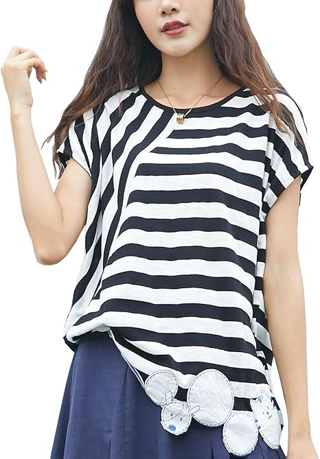 Amazon Jun Mu Tシャツ レディース トップス ルオーバー カジュアルとフェミニンがバランスのボーダーカットソー 綿95 刺繍 半袖 カットソー ブラック M L Tシャツ カットソー 通販