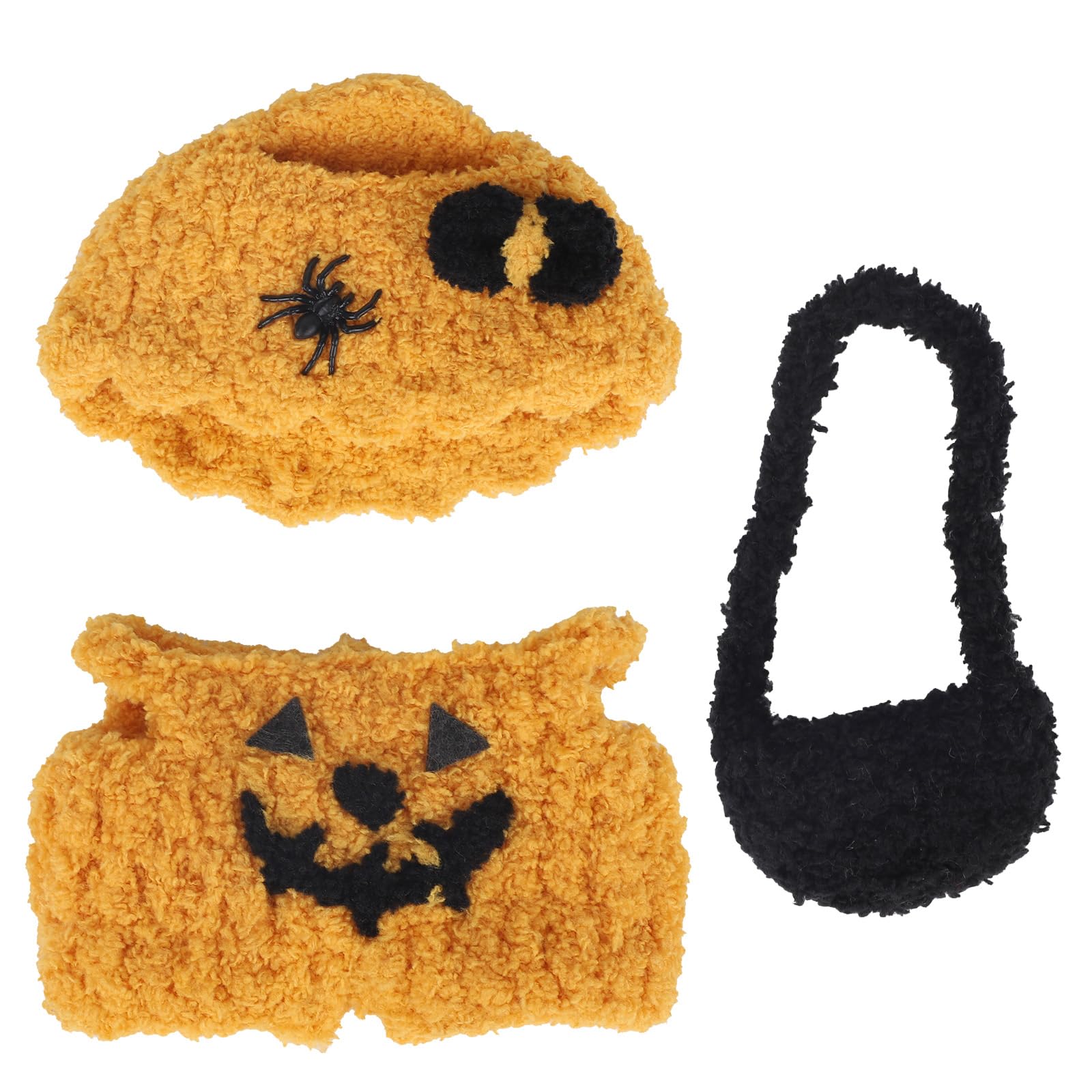 Goktvai Clothes for 17cm Doll, Halloween Pumpkin Doll Outfit Includes Spider Hat & Pumpkin Overalls & Black Small Bag Costume Accessories for Dress up and Display