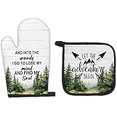 FIicy Camper Camping Gifts Oven Mitts and Pot Holders Sets, Camping Rustic Mountain Kitchen Accessories Sets, Rustic Into The Woods Heat Resistant Oven Glove Potholders for Kitchen Cooking Baking BBQ