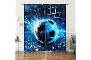AILONEN 3D Soccer Window Curtain,Sparkling Football Kids Window Drapes 2 Panels Set,Ball Game Sports Theme Blue Grommet Curtain Room Decor, 42" W x 63" H