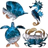 Qunclay Christmas Coastal Wall Decor Christmas gift Summer Beach Wall Art Decor Sea Turtle Seahorse Crabs Fish Wooden Ocean Beach Themed Hanging Art(Vivid)