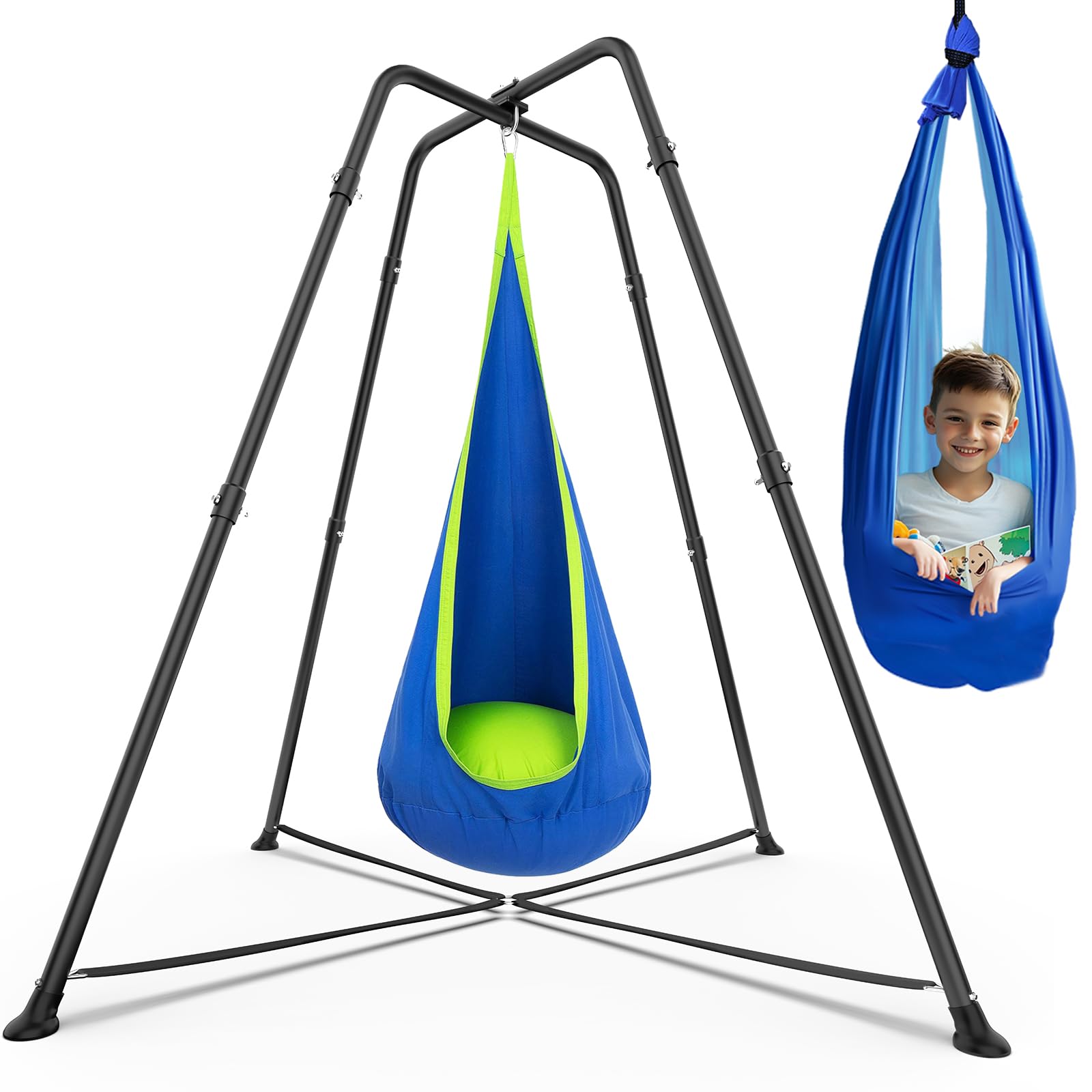 Photo 1 of Swing Stand Frame with Sensory Pod Swings and Chair, Sensory Swing Set, X-Shaped Swing Frame, Heavy-Duty Metal Hammock Chair Stand for Adults Indoor and Outdoor 330LBS(Blue)