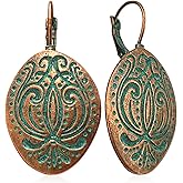 JNONL Unique Bohemian Vintage Bronze Totem Geometric Dangle Drop Earrings Personalized Boho Ethnic Oval Carved Lever Back Earrings for Women Jewelry Gifts