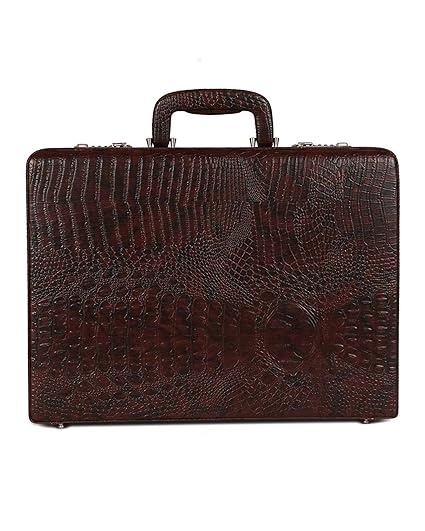 Leather Briefcase for Men | Hifly Dark Brown Croc Leather Expandable Briefcase Bag Cum Office File Bag with 3 Digit Combo Locking Features & Inner Mesh Pocket for Office Use