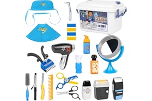 Gifts2U My First Shaving Kit for Boys, 22 Pcs Kids Barber Set Toy Pretend Play Hair Salon Playset with Shaver, Blow Dryer, Scissors, Razors & Styling Shawls Costume for Kids Ages 3 Years and up
