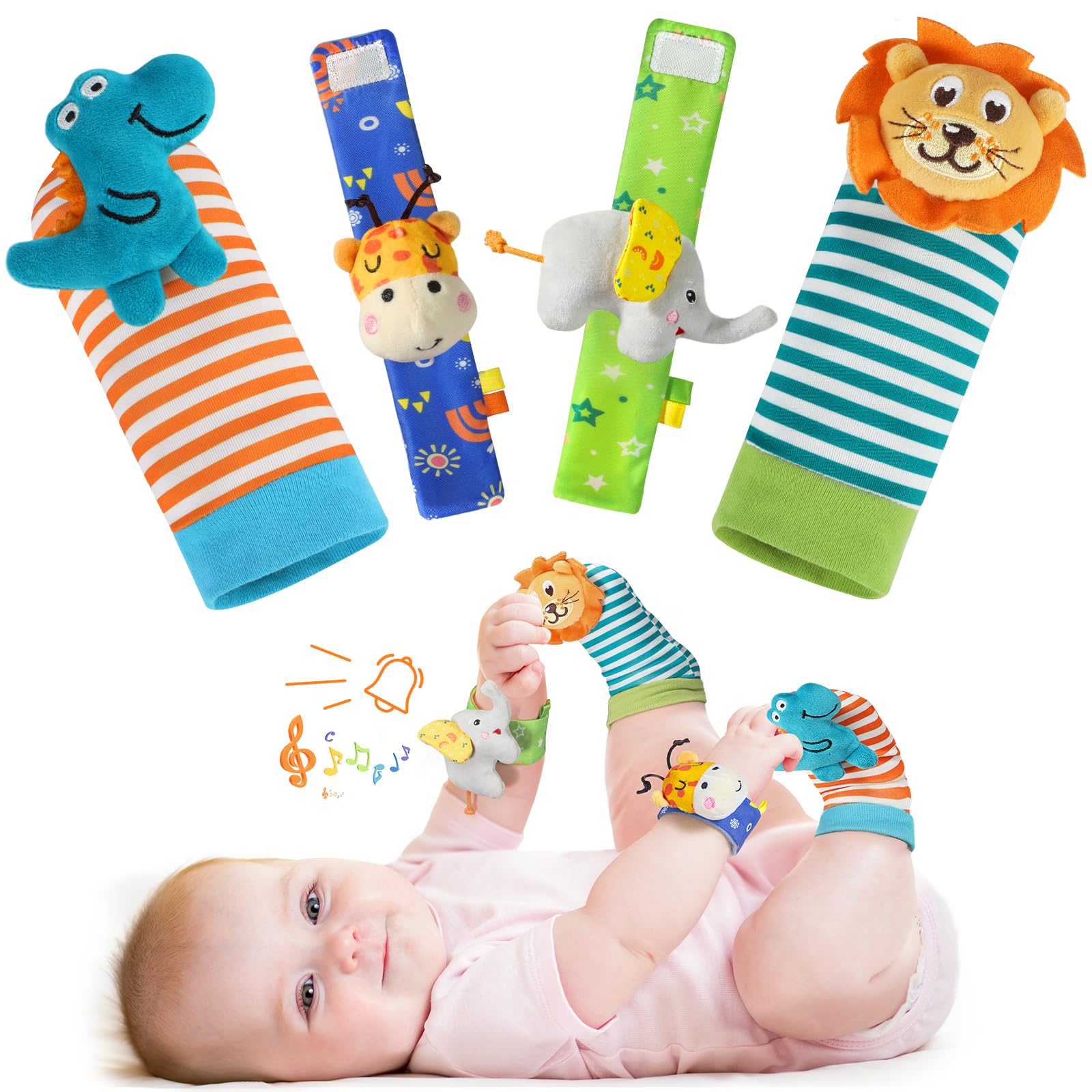 Foot Finders Wrist Rattles for Infants-Baby Sensory Toys Newborn Essentials Infant Socks Gifts for 0 3 6 9 Months Rainforest Animals