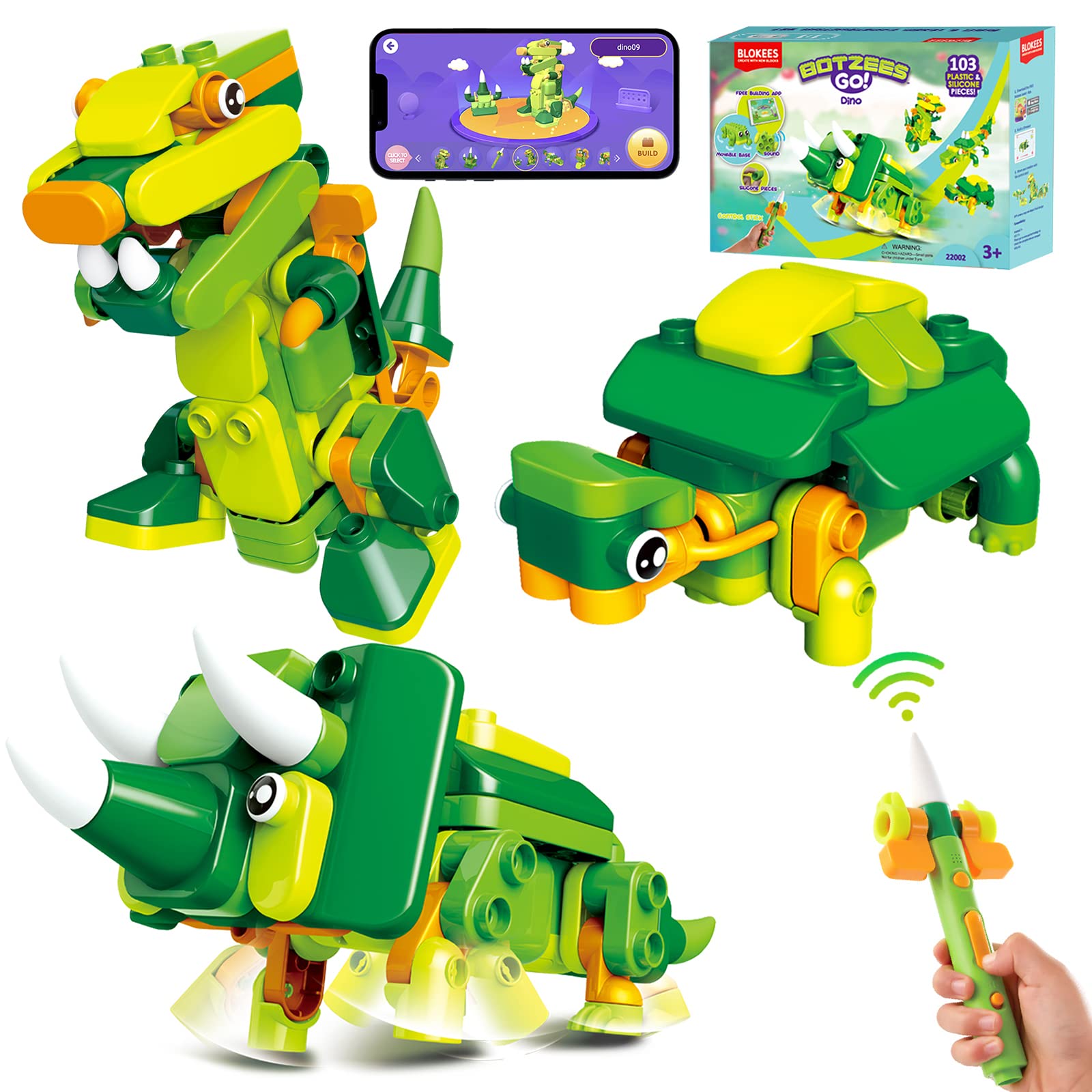 BLOKEES Dinosaur Toys for Kids 3 4 5 6 7+, STEM Dinosaur Building Toys, Electronic Walking & Sound Robot Toys with App Based, Remote Control Dinosaur STEM Toys for Boys, 103 Pcs