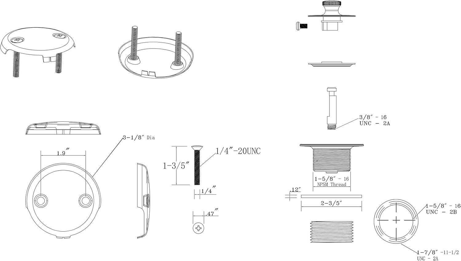 Conversion Kit Bathtub Tub Drain Assembly, Lift and Turn Tub Drain Kit, Brass Construction Easy Installation (Brushed Nickel) - - 