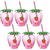 LemonRoad 17 oz Strawberry Shaped Cups with Lids and Straws Reusable Cute Drinking Cups Strawberry Water Bottles for Hawaiian Summer Party (6 Pcs)