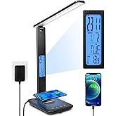 XIZDDL LED Desk Lamp with Wireless Charger, Suitable for Home, Office Dimmable, with USB Charging Port, Built-in Clock, Calendar, Thermometer and Automatic Timing Reading Desk Lamp.