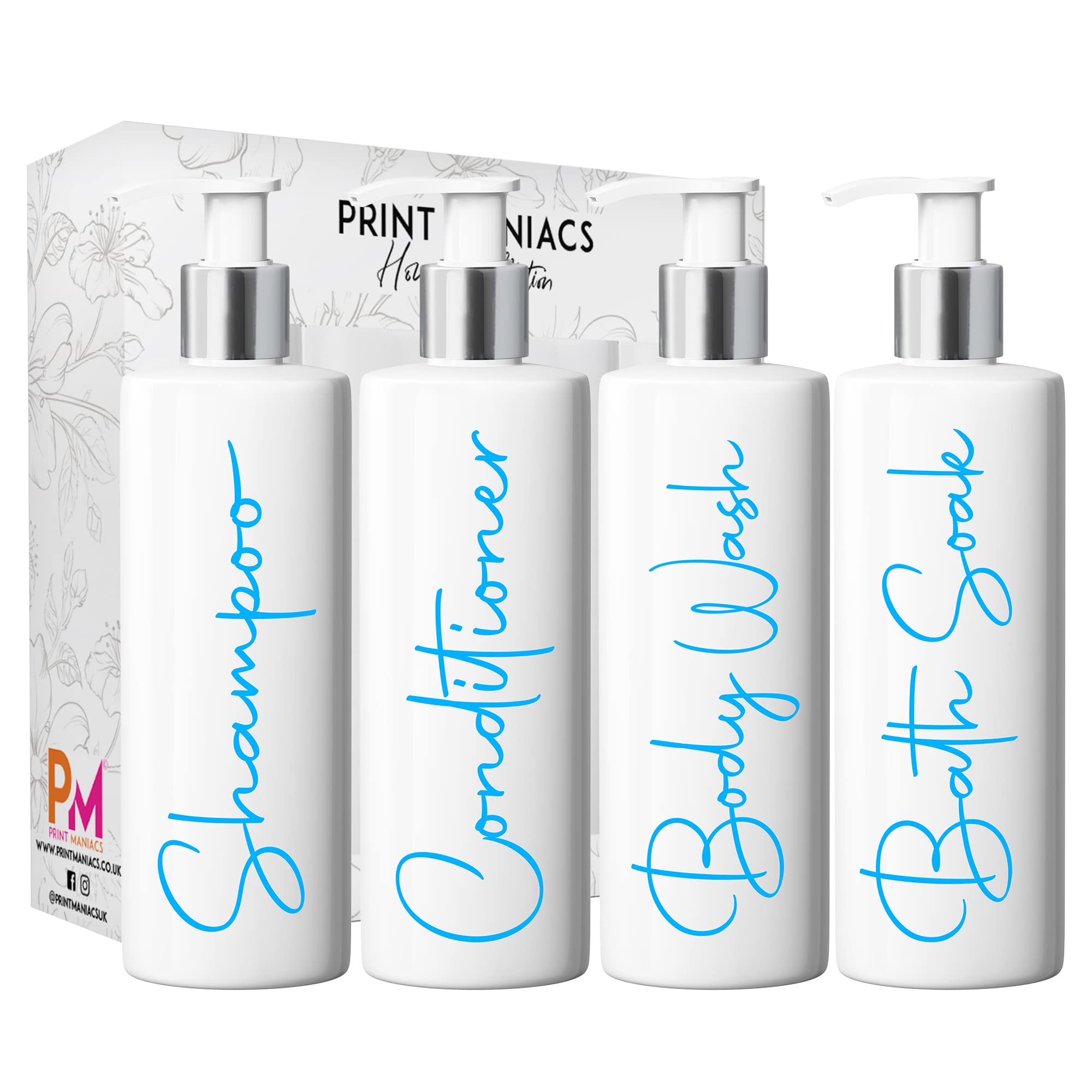 Print Maniacs Mrs Hinch Inspired White Personalised Pump Bottles Bathroom Kitchen Set Shampoo Conditioner Body Wash Bath Soak (F2) (Baby Blue)