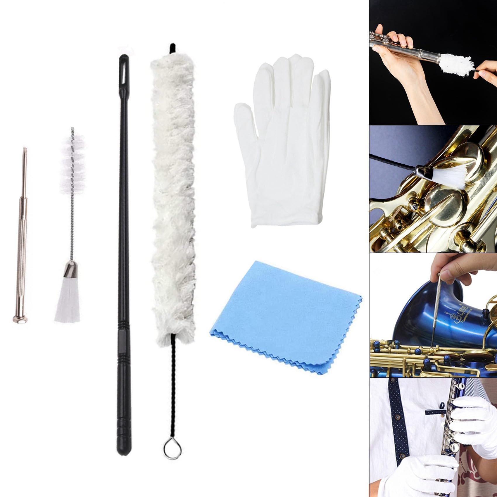 MuzcYM 7pcs Flute Saxophone Clarinet Cleaning Kit Instrument Repairing Care Set with Cotton Cleaning Brush/Double End Dust Brush/Flute Cleaning Rod/Screwdriver/Gloves/Cleaning Cloth