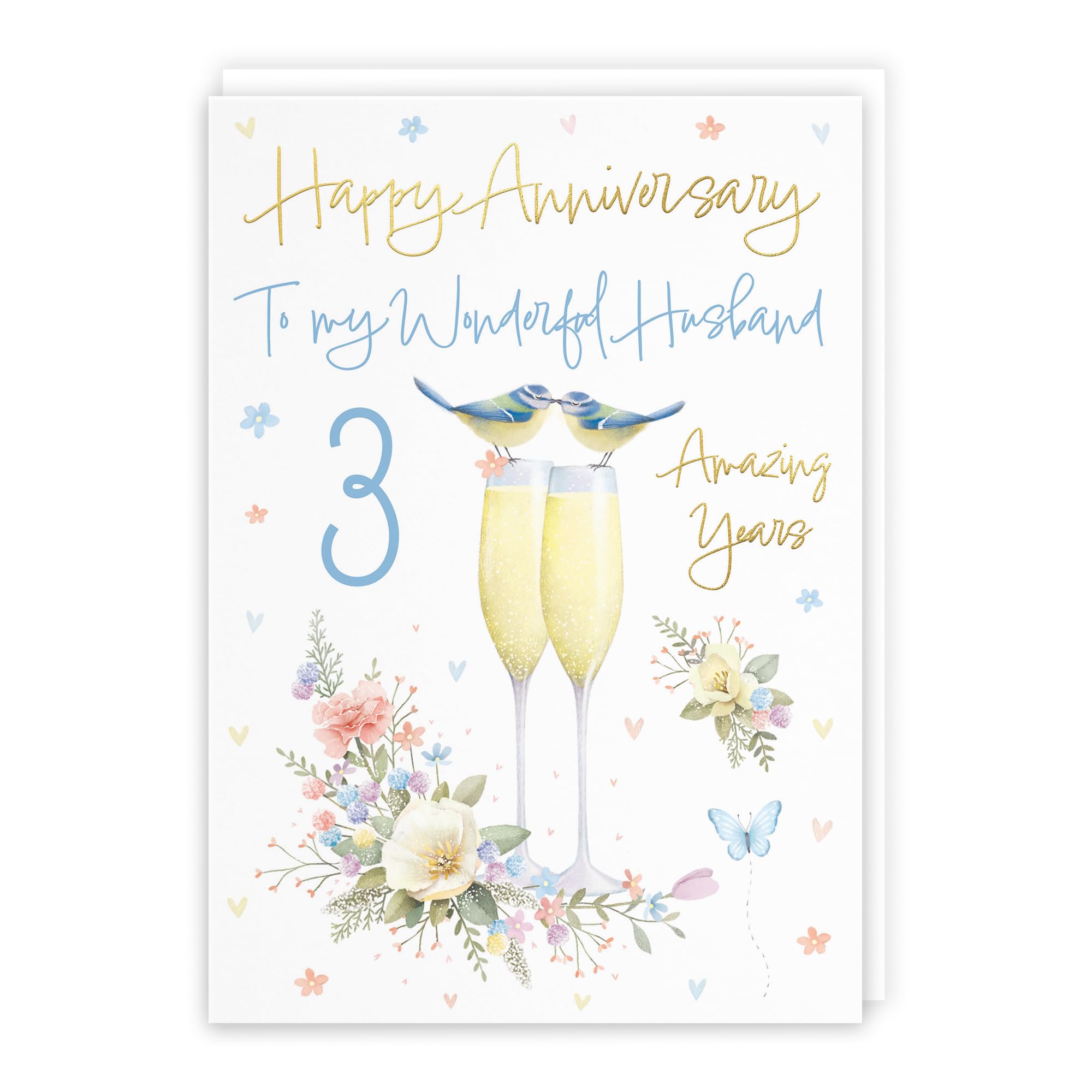 Hunts England - Husband 3rd Anniversary Card - A5 Size - Champagne Flutes - Gold Foil - 3rd Anniversary Card For Husband - Three Years - Third Anniversary - Milo's Gallery