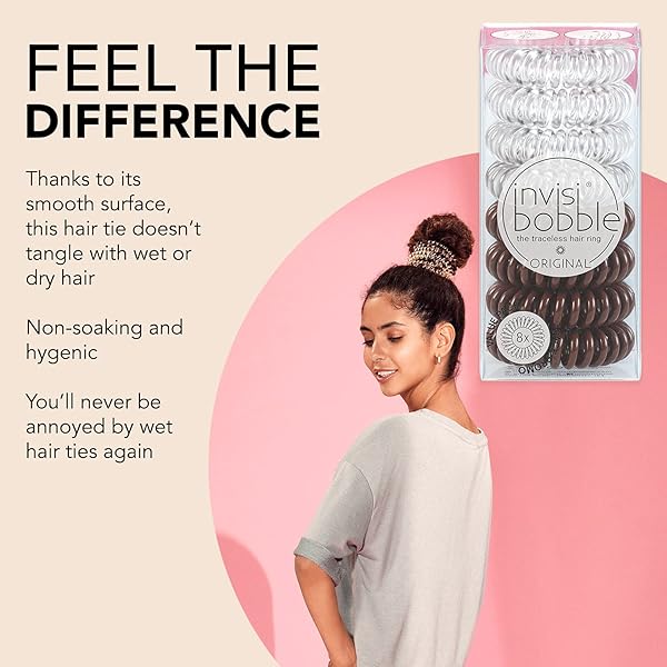 INVISIBOBBLE ORIGINAL TRACELESS SPIRAL HAIR TIES – PACK OF 8, CRYSTAL CLEAR AND PRETZEL BROWN – STRONG ELASTIC GRIP COIL ACCESSORIES FOR WOMEN – NON SOAKING – GENTLE FOR GIRLS TEENS AND THICK HAIR