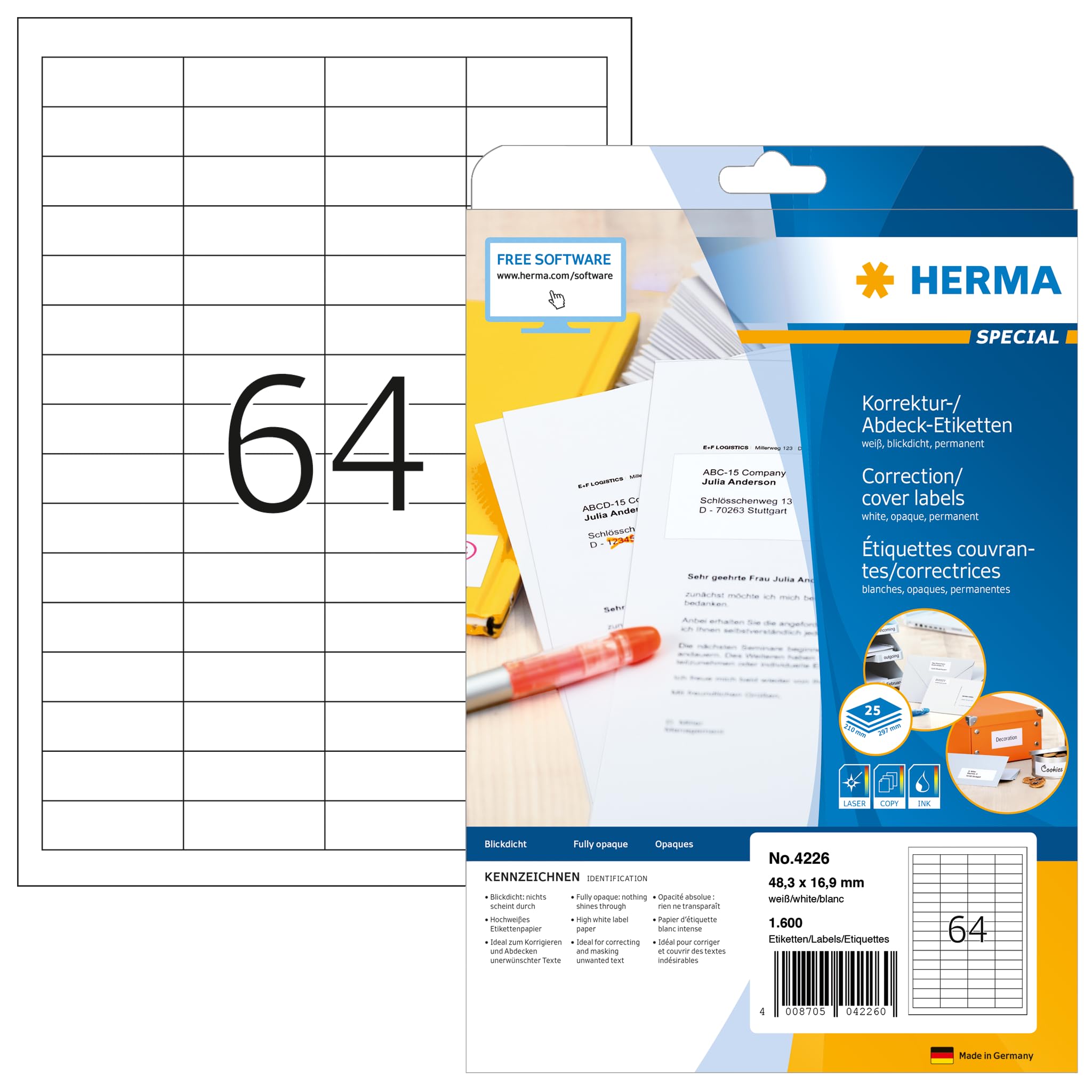 HERMA Self Adhesive Correction Labels, 64 Labels Per A4 Sheet, 1600 Labels For Laser And Inkjet Printers, Opaque, 48.3 x 16.9 mm (4226), White