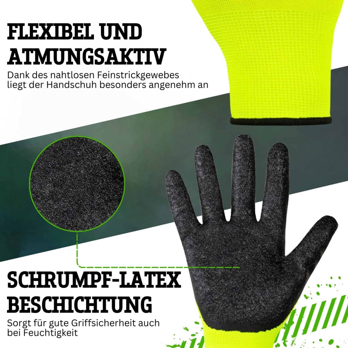 Safetytex 24 Paar Arbeitshandschuhe - Montagehandschuhe mit Latex Beschichtung - neongelbe Handschuhe - Schutzhandschuhe für Haus, Garten, Industrie und Handwerk - Größe 11 4