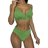 HYTENSUN Women's V Cut High Waisted Bikini Ribbed V-Wired Cami Two Pieces Swimsuit