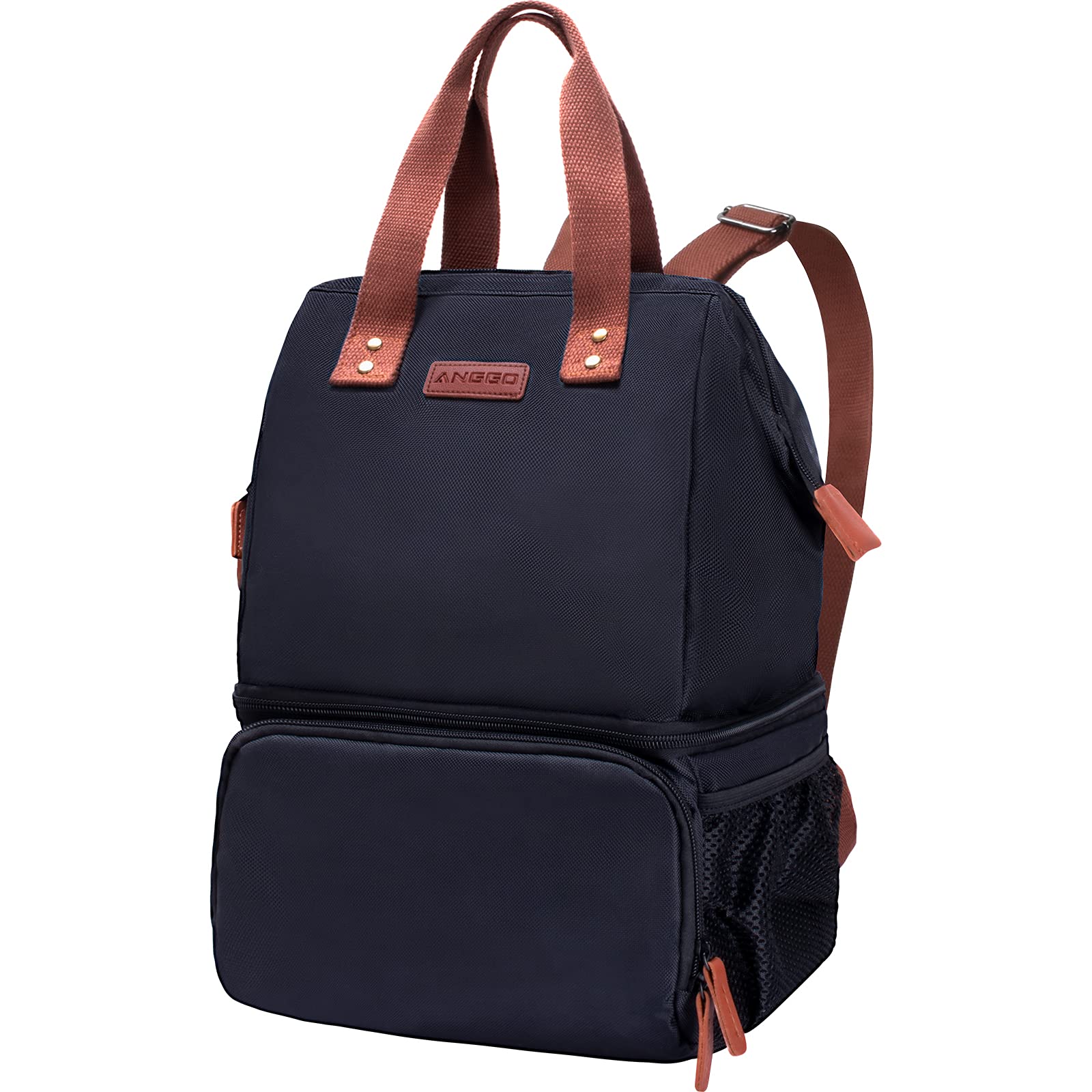 ANGGO Lunch Bag, 20L Double-Decker Insulated Lunch Bag Cool Bag Cooler Backpack for Women, Picnic Bag Large with Shoulder Strap, Water-Resistant Leak-Proof for Work, Picnic, Camping, BBQ - Black