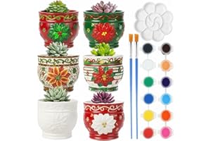 Pasimy 6 Set Ceramics to Paint DIY Ceramic Succulent Planter Pots Paint Your Own Flower Pots Craft Kit Unpainted Bisque Flowerpot with Brush Palette Christmas Gifts for Family Activity(Holly Leaf)
