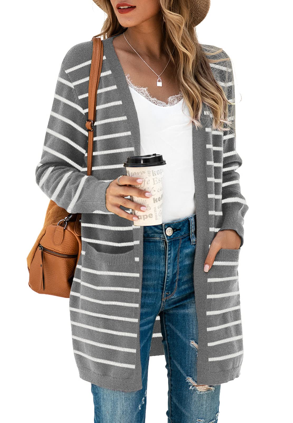 TASAMO Women's Long Sleeve Pocket Knit Ribbed Neckline Drape Cardigans(Small,Grey White Stripe) Image TASAMO Women's Long Sleeve Pocket Knit Ribbed Neckline Drape Cardigans(Small,Grey White Stripe) Image