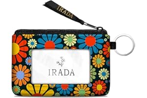 IRADA ID Case Wallet Keychain with Clear ID Window Zipper Cute Coin Purse for Women Water Resistant Small Coin Pouch-Hippie Flower Keychain Wallet