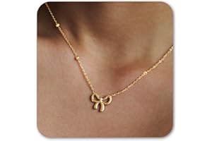 DAYANEY Gold Bow Necklace Dainty 14k Gold Plated Necklace, Bow Jewelry Gold Beaded Choker Necklaces for Woman, Waterproof Pendant Necklace as Cute Ribbon Necklaces with Bowknot Ball for Girls