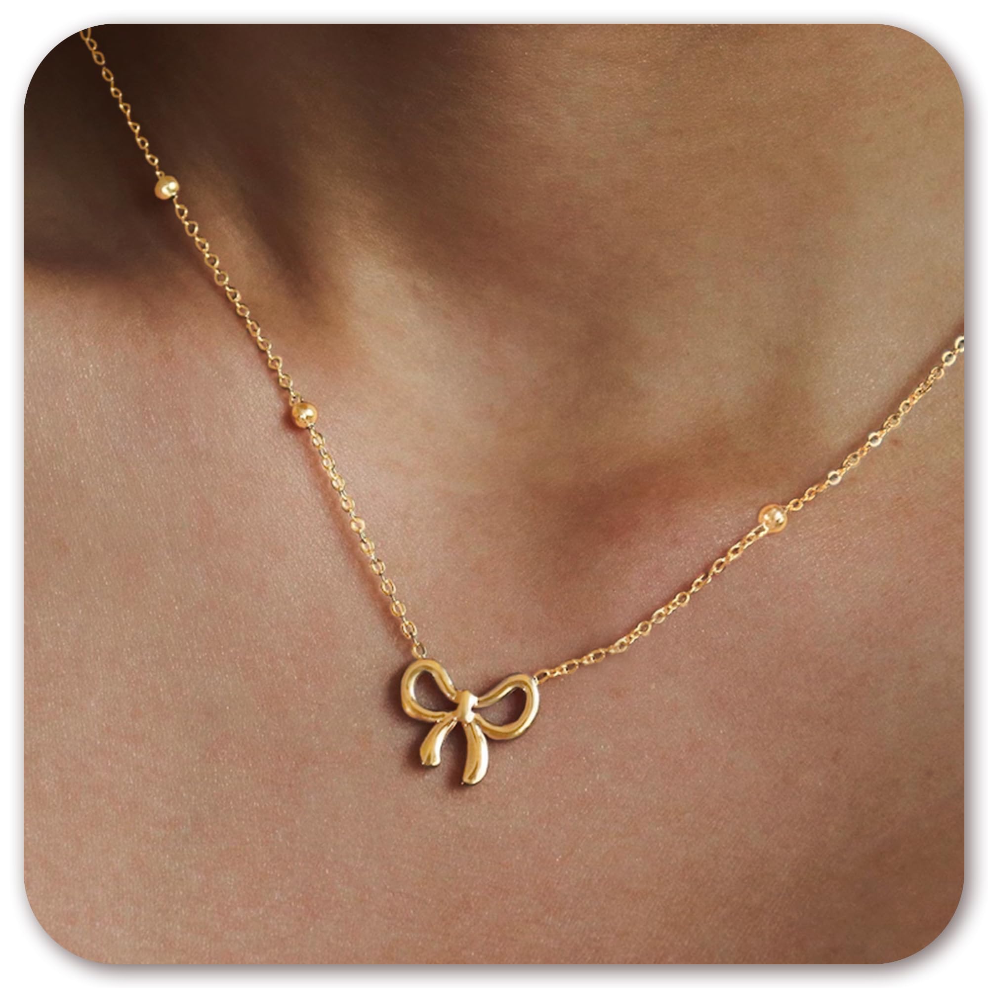 Photo 1 of DAYANEY Gold Bow Necklace Dainty 14k Gold Plated Necklace, Bow Jewelry Gold Beaded Choker Necklaces for Woman, Waterproof Pendant Necklace as Cute Ribbon Necklaces with Bowknot Ball for Girls